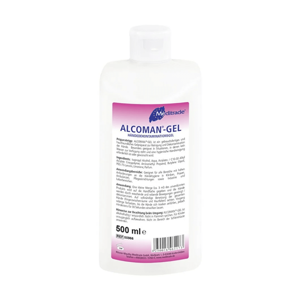 A 500 ml bottle of Meditrade Alcoman® Gel hand sanitizer with product information and instructions for use in German on a white-pink label. The bottle has a flip-top cap and appears
