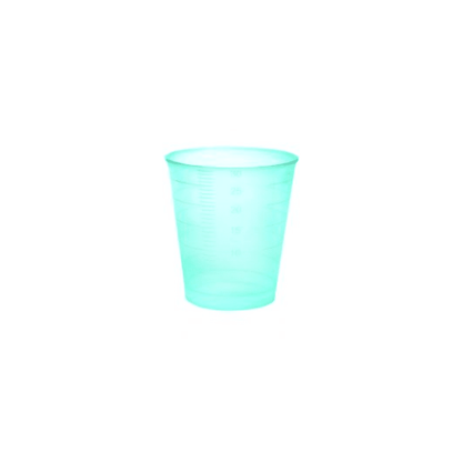 A translucent green Meditrade disposable medicine cup, 30 ml, graduated with measurement markings, centered against a white background.