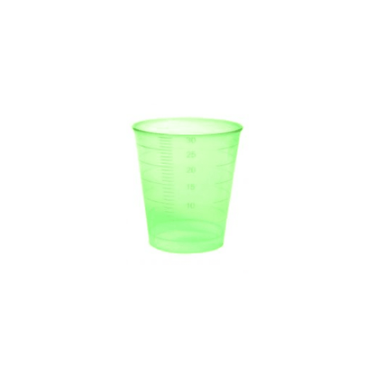 A translucent green disposable medicine cup made of plastic by Meditrade GmbH, 30 ml, graduated with measurement markings on the surface, isolated on a white background.