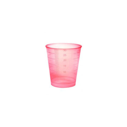 A transparent pink Meditrade disposable medicine cup with measurement lines indicating the volume in milliliters.