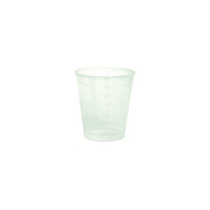 A translucent Meditrade disposable medicine cup made of plastic, 30 ml, graduated with measurement markings, presented against a plain white background.