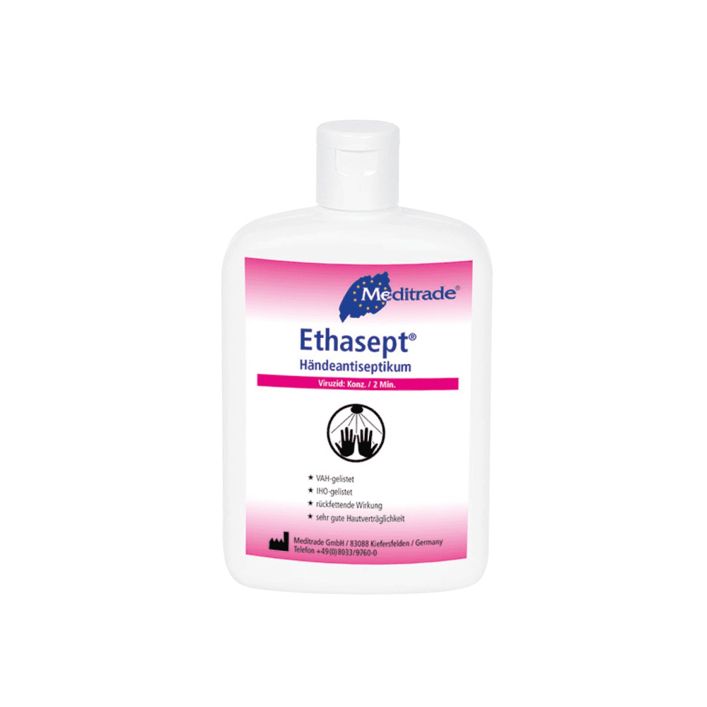 A bottle of Meditrade Ethasept® hand disinfectant from Meditrade GmbH with a white-pink label. The product is supposed to contain 70% alcohol, be skin-friendly, and have antibacterial effects.