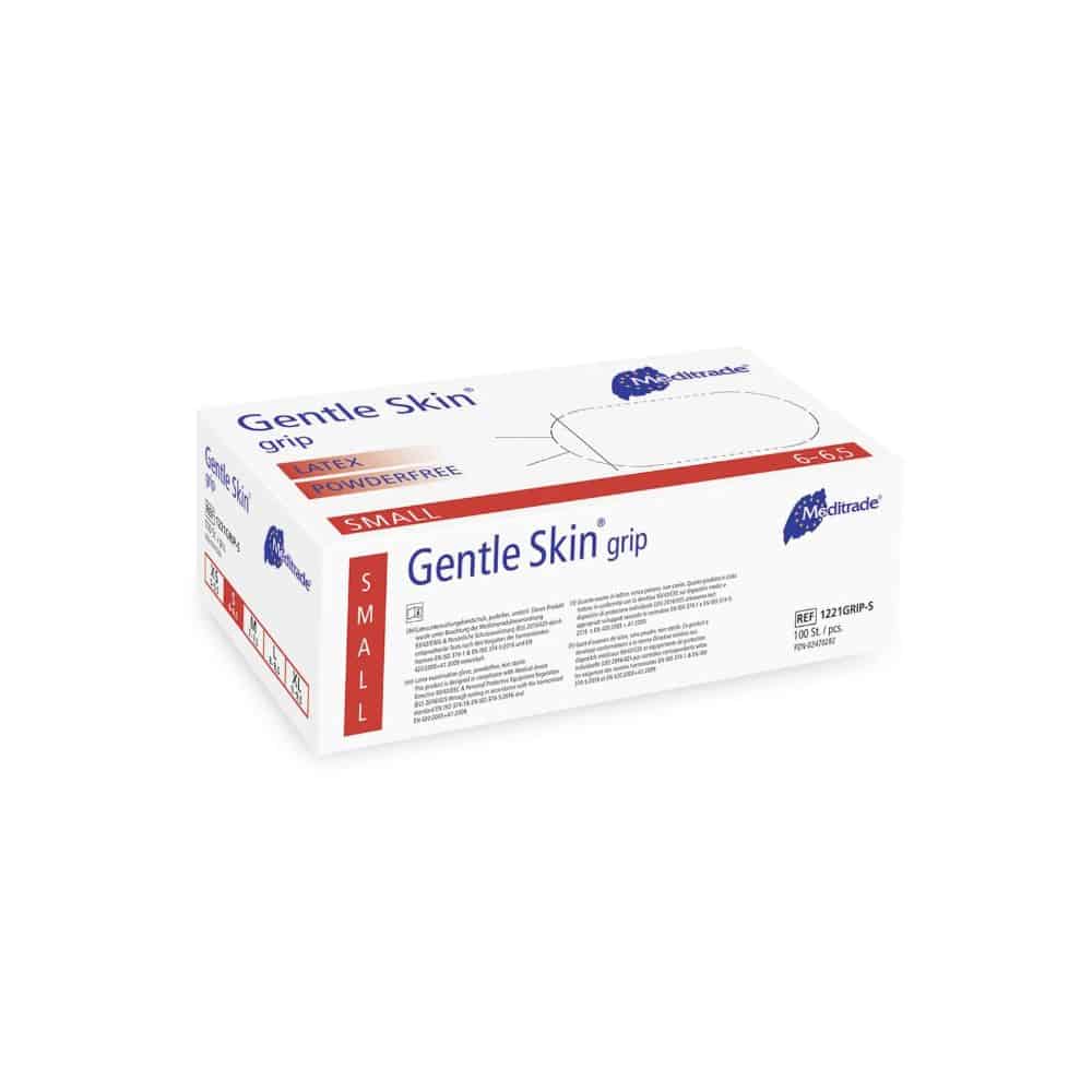 A sealed, rectangular box of medical gloves Meditrade Gentle Skin® Grip Latex examination gloves in size S, with the product information and the logo of Meditrade GmbH. The box is