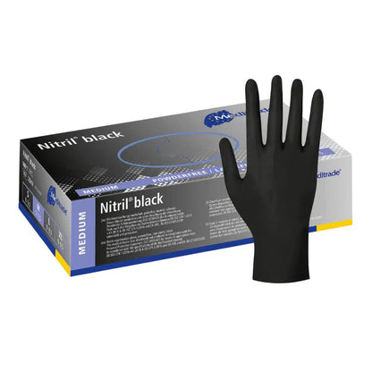 A box of medium-sized, black Meditrade Nitril® nitrile gloves in black, with one glove standing upright next to the box. The box is clearly labeled with product details.