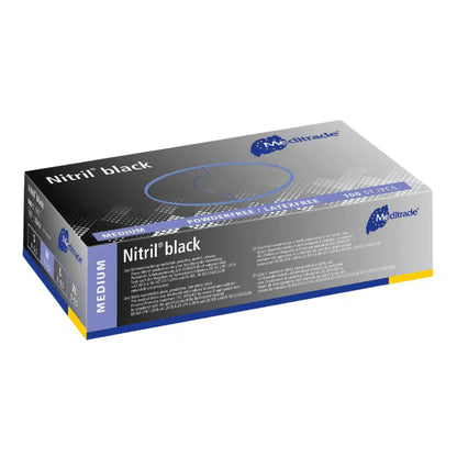 A box of medium-sized Meditrade Nitril® nitrile gloves in black, showing the product details in blue-white text on a blue-white-gray package. The box contains 200 pieces from Meditrade GmbH.