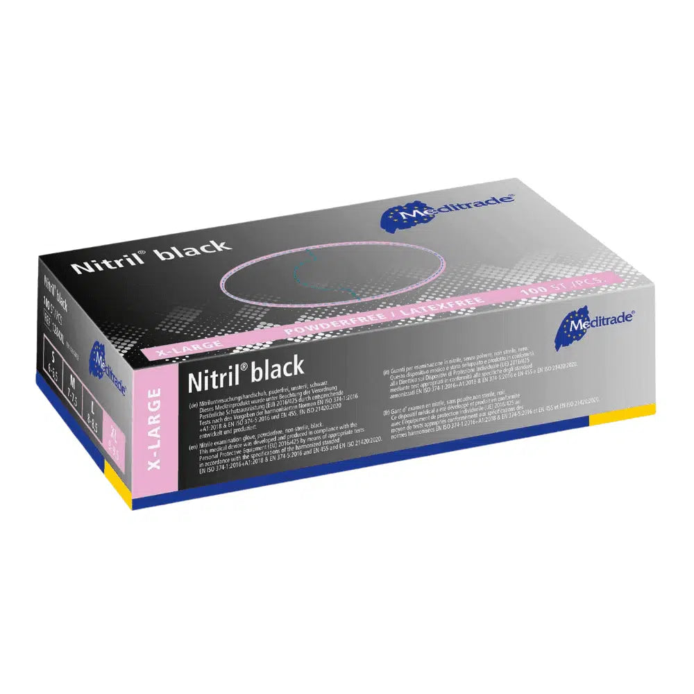 A box of black Meditrade Nitril® nitrile gloves from Meditrade GmbH in size XL, with a blue and purple design with text and graphics on a light gray background.