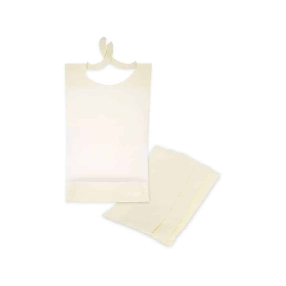 The Meditrade protective napkin from Meditrade GmbH is a set of cream-colored disposable bibs, ideal for protecting clothing. A bib with a neck loop is shown open, next to a stack of folded bibs. The rectangular design features a neck opening for practical single use. Comes in a pack of 100 pieces.