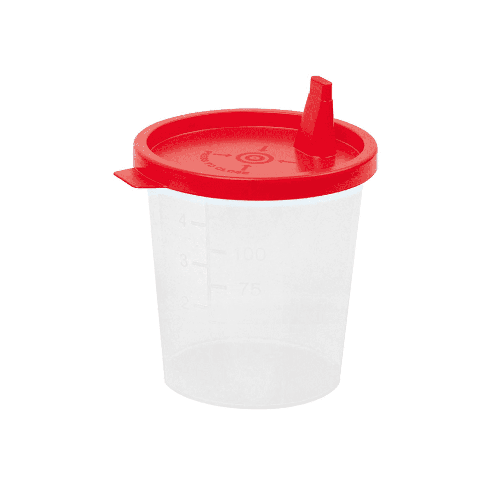 A transparent measuring cup with a red lid and spout, marked on the side with measurement lines and numbers, suitable as a urine cup by Meditrade GmbH with various closures, isolated on a white background.