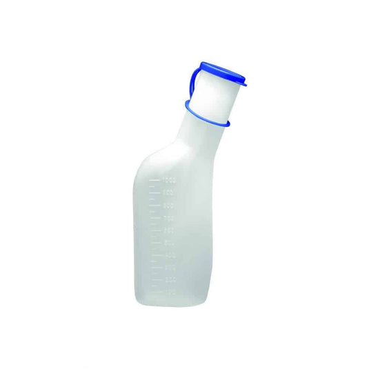 The urine bottle for men from Meditrade GmbH is a transparent plastic bottle with a blue cap and an ergonomic carrying handle. It has a capacity of 1000 ml, measurement markings on one side, and is easy to use. The urine bottle holder is sold separately.