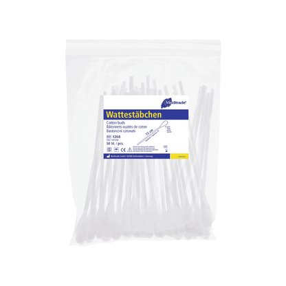 A transparent plastic packaging with cotton swabs, blue-white labeled with the text “Meditrade Cotton Swabs” from Meditrade GmbH as well as product details in German and English for medical applications.