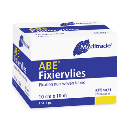 Image of a box of Meditrade ABE® fixing fleece, self-adhesive, ideal for dressing fixation. The white box with blue and yellow accents contains 10 cm x 10 m fixing fleece, suitable for sensitive skin. Reference number: 4471, PZN: 06168686.