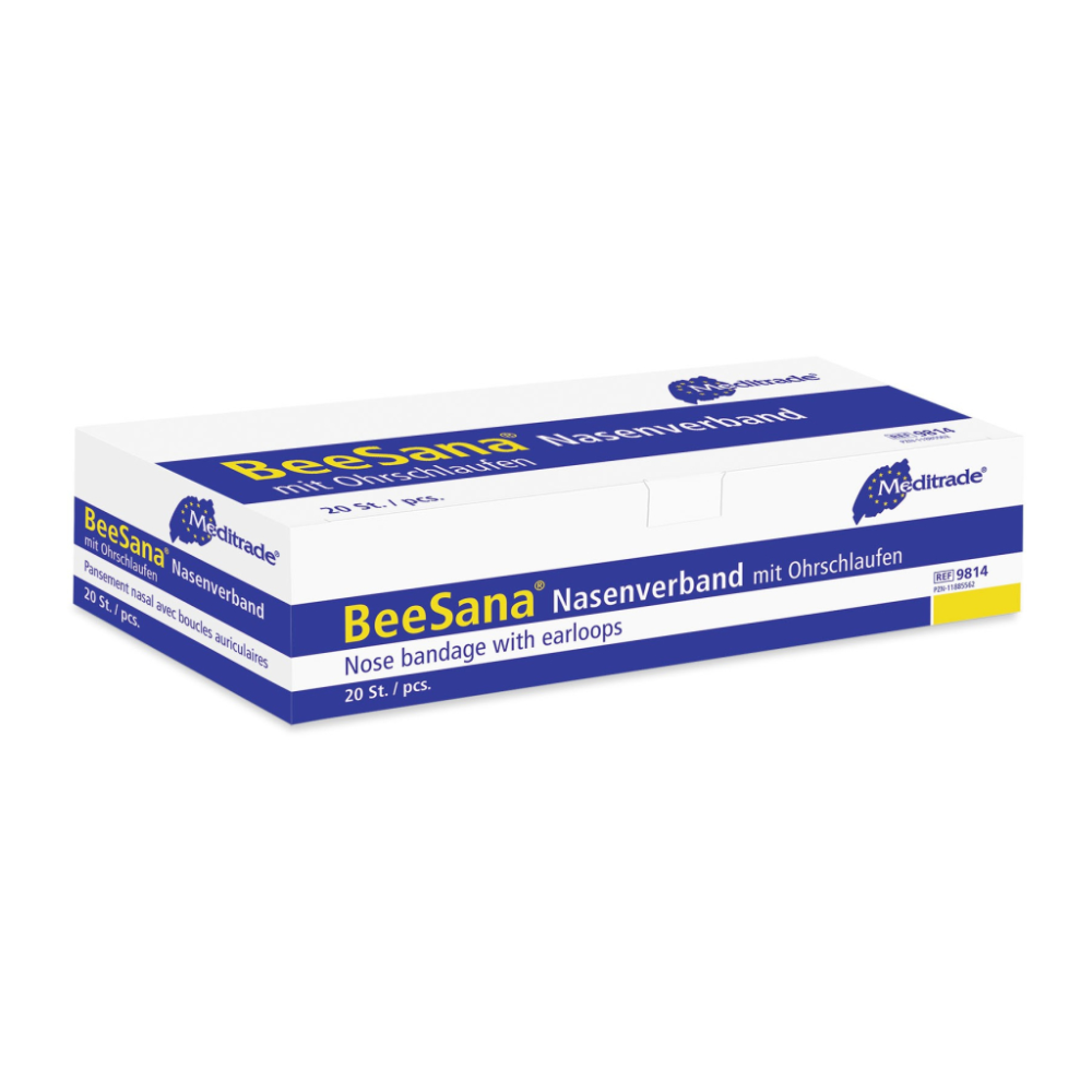 A box of Meditrade ABE® nasal bandages for nosebleeds with ear loops, labeled white and blue. The box contains 20 pieces and is marked with the logo of Meditrade GmbH.