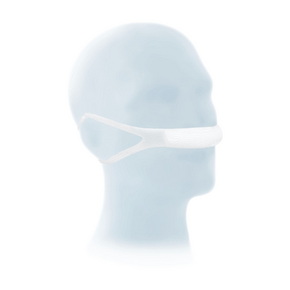 A transparent, ethereal human head with a white, textured Meditrade ABE® nasal bandage around the mouth on a white background, evoking a sense of silence or censorship.