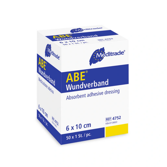 Eine Schachtel Meditrade ABE® Wundschnellverband saugstarker saugfähiger Wundverband mit den Maßen 6 x 10 cm, verpackt zu 50 Stück pro Schachtel. Die Verpackung ist hauptsächlich weiß mit blau.