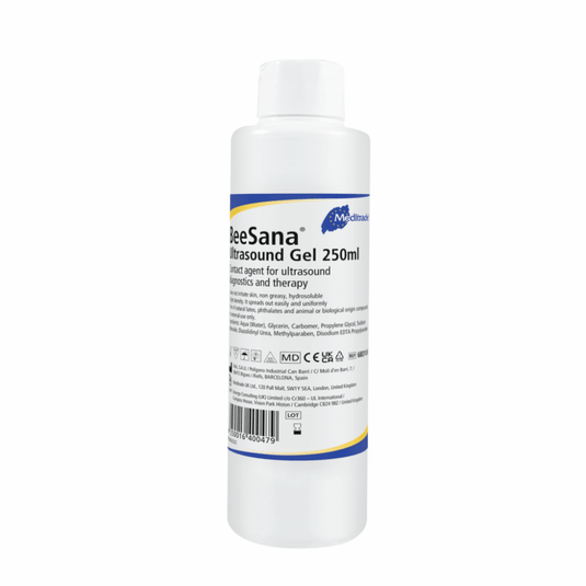 A bottle of Meditrade BeeSana® ultrasound gel, 250 ml, labeled as a lubricant for ultrasound procedures. The label includes product details and symbols indicating compliance with legal requirements.