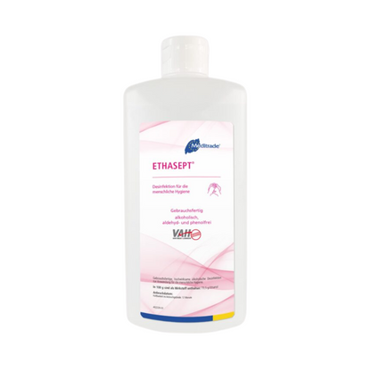 A bottle of Meditrade Ethasept® hand disinfectant with a white label featuring pink and purple accents and German text. The logo at the top highlights the medical benefits.