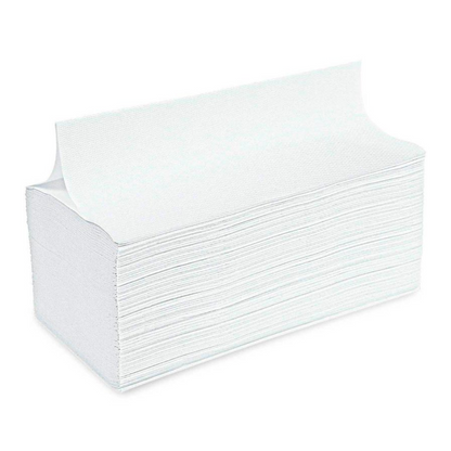 A stack of Meditrade Folded Towels V-Fold 25x21cm 2-ply, white from Meditrade GmbH is displayed. The rectangular towels consist of two layers, giving them a thick and absorbent appearance. Their edges are neatly aligned, indicating that they are new and unused. Ideal for hand hygiene, the background is plain and white.