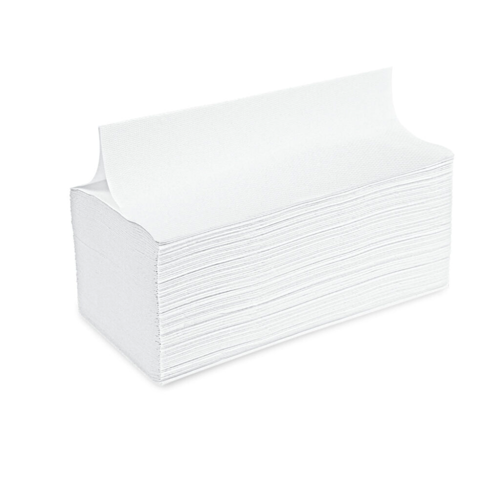 A neatly arranged stack of Meditrade V-fold paper towels, 2-ply – 20 x 160 sheets shows their visibly structured surface. The paper towels from Meditrade GmbH are evenly aligned, with the top towel slightly lifted and the edge exposed, allowing for easy and hygienic hand drying.