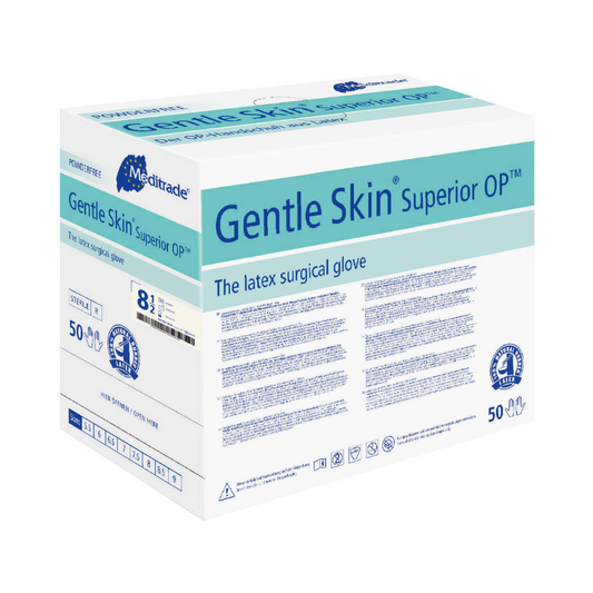 Eine Schachtel Meditrade Gentle Skin® Superior OP™ Latex-OP-Handschuhe, Größe 8,5, enthält 50 Paar. Die Verpackung ist überwiegend weiß und blau mit ausführlichen Produktinformationen. Dieser Latex-OP-Handschuh ist von der Marke Meditrade GmbH.