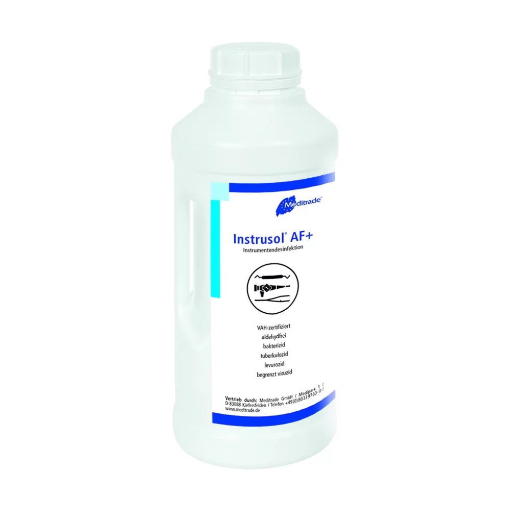 A white plastic bottle of Meditrade Instrusol® AF+ instrument disinfectant with blue and black labeling, including text and symbols indicating usage, as well as VAH-listed safety information.