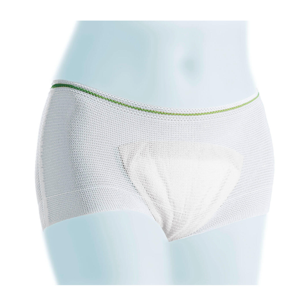 A pair of white, breathable Meditrade Light boxer shorts with a green-edged elastic waistband, presented on a mannequin with a subtle blue background.