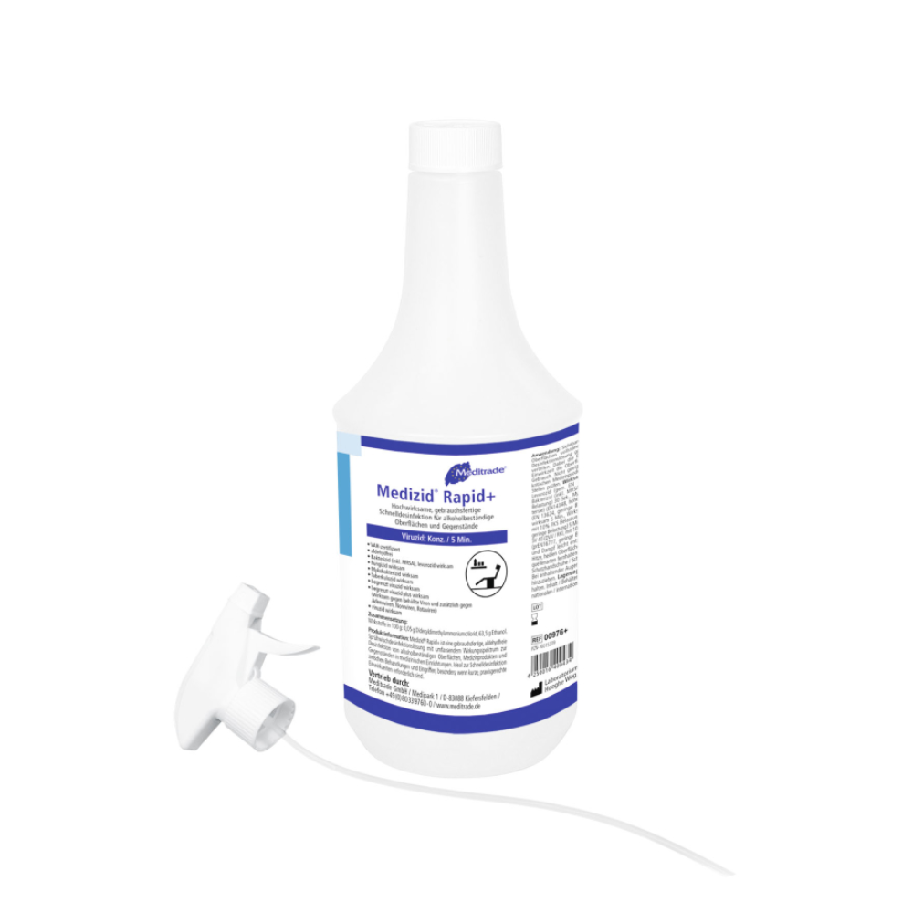 A white plastic spray bottle labeled "Meditrade Medizid Rapid+ surface disinfectant" with the spray nozzle and hose removed on a plain background. The back displays detailed product information and symbols for quick disinfection by Meditrade GmbH.