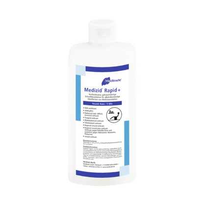 A white plastic bottle of Meditrade Medizid Rapid+ surface disinfectant, classified as a Class IIa medical device, with blue and black text containing product features and instructions for use.