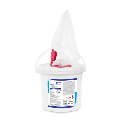 A white plastic bucket labeled "Meditrade Medizid® Rapid+ disinfectant wipes" with a pink lid and a slot for disposing of sharp objects on a plain white background. The bucket is sealed and features various safety labels, including Meditrade GmbH.
