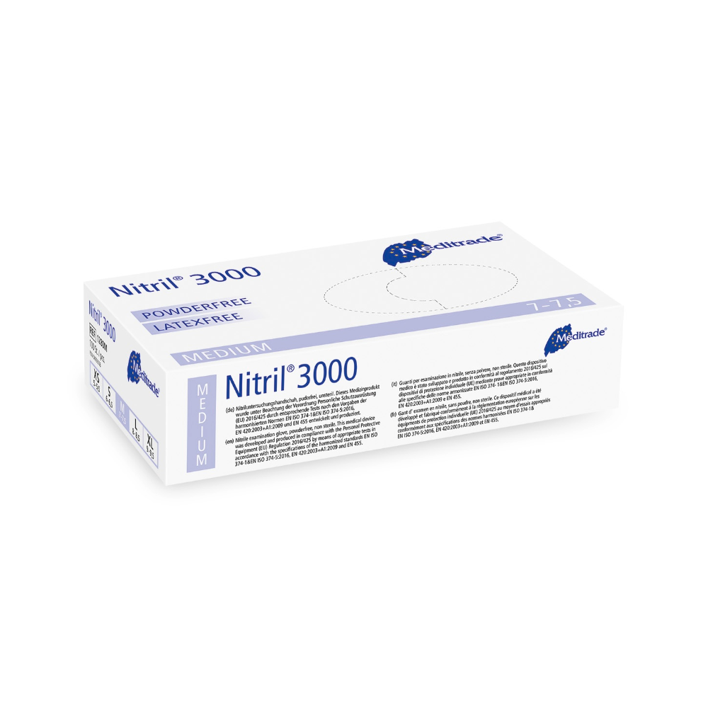A box of medium-sized, powder-free, latex-free nitrile gloves Meditrade Nitril® 3000. The packaging is predominantly white and blue with text and logos.