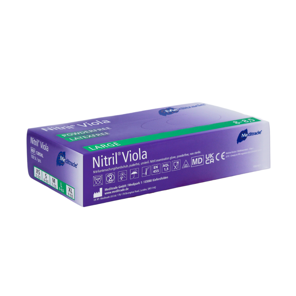 A box of Meditrade Nitril® Viola nitrile gloves colored purple, size L, in a violet-white packaging. The labels include the CE symbol and other medical certifications from Meditrade GmbH.