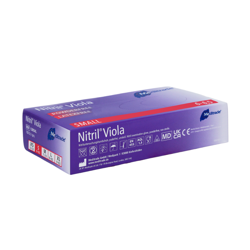 A box of disposable gloves Meditrade GmbH Meditrade Nitril® Viola nitrile gloves colored purple, size small, in purple, with product details and certifications on the packaging.