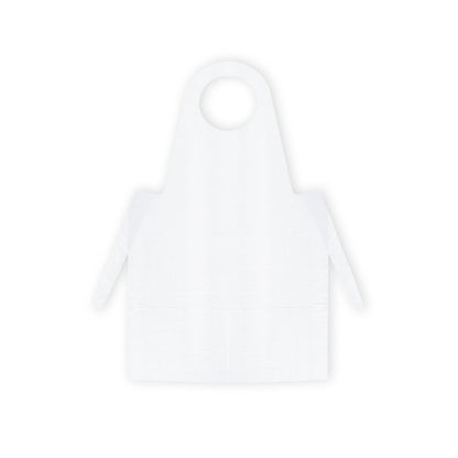 Auf grauem Untergrund ist eine blaue Meditrade PE-Einmalschürze der Meditrade GmbH abgebildet. Sie verfügt über einen kreisrunden Halsausschnitt und lange Seitenbänder zum Binden in der Taille und erfüllt damit wesentliche Hygieneanforderungen.