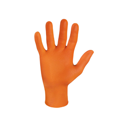 An orange Meditrade StellarGrip disposable nitrile glove, isolated on a white background, shown with spread fingers.