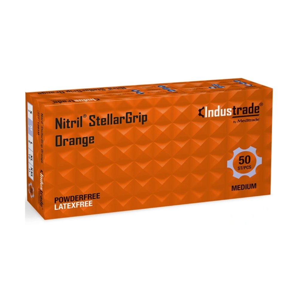 A box of orange Meditrade StellarGrip disposable nitrile gloves, labeled as powder-free and latex-free, contains 50 strips of medium size. The box is marked with a distinctive orange diamond.