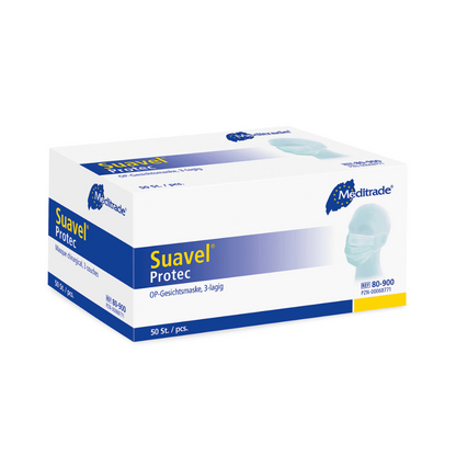 A rectangular box of Meditrade Suavel® Protec surgical mask 50 pieces. The box is mainly white with blue details and features an image of a person wearing a mask. It contains 50 surgical masks (3-ply) with high bacterial filtration efficiency and is provided with various texts and logos of Meditrade GmbH.