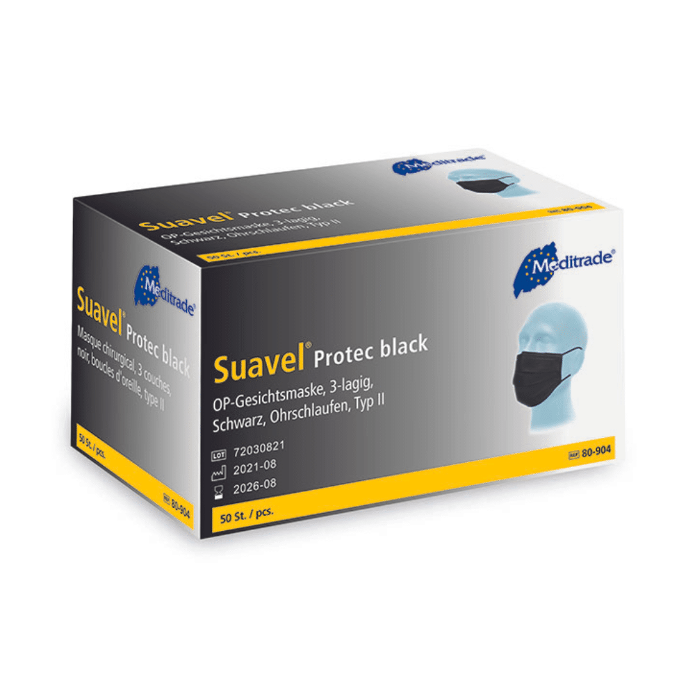 A box of black surgical face masks Meditrade Suavel® Protec surgical mask 50 pieces. These disposable face masks are three-layered, designed to be worn with ear loops, and have a bacterial filtration efficiency of Type II. The box indicates that it contains 50 masks and includes product reference numbers and manufacturing information of Meditrade GmbH.