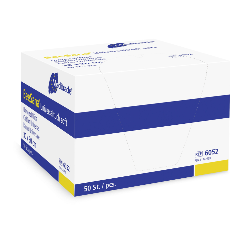 A rectangular box of Meditrade universal cloth soft, 30 x 30 cm - 50 pieces| Pack (50 pieces) incontinence underpants, presented in blue-white packaging with product details on it. Contains 50 pieces, size L. Now with Meditrade GmbH.