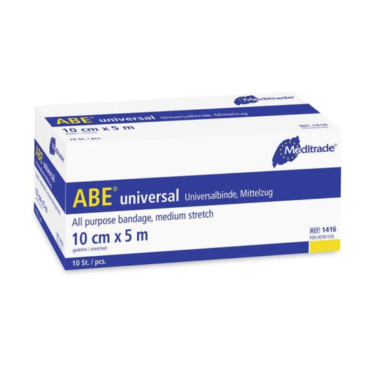 Die Meditrade ABE® dauerelastische Universalbinde unsteril 10 cm x 5 m von Meditrade GmbH ist in einer weißen Schachtel mit blauer Schrift verpackt. Sie bietet eine mittlere Dehnbarkeit für den medizinischen Einsatz und trägt das Meditrade-Logo in der oberen rechten Ecke. Die Packung enthält 10 Stück.