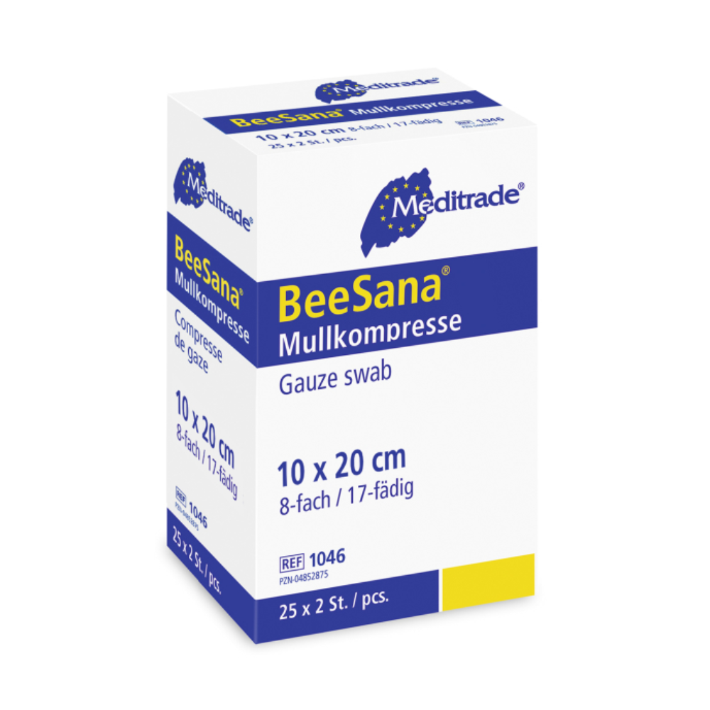 A box of Meditrade BeeSana® gauze compress, simple sterile, 8-layer sterile gauze swabs, size 10 x 20 cm with 8 layers and 17 threads. The Meditrade GmbH.