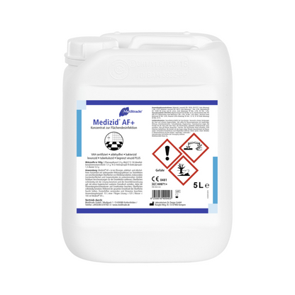 A white plastic canister with the label "Meditrade Medizid® AF+ Surface Disinfection" with product information, hazard symbols, and a blue-white label. The container is marked with a capacity of 5L.
