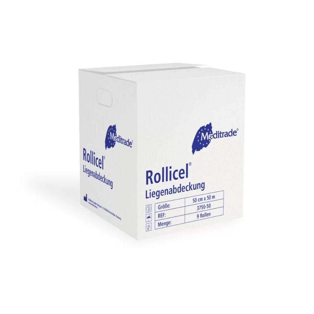 A white box with the brand name Meditrade GmbH presents the composition of the cellulose tissue labeled Meditrade Rollicel® couch cover. The carton with dimensions 50 cm x 50 m contains six packages and features a handle cutout with striking blue brand graphics.