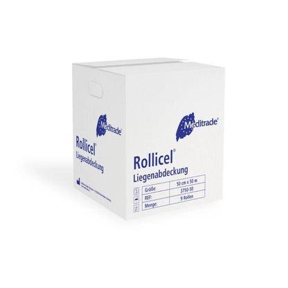 A white box with the brand name Meditrade GmbH presents the composition of the cellulose tissue labeled Meditrade Rollicel® couch cover. The carton with dimensions 50 cm x 50 m contains six packages and features a handle cutout with striking blue brand graphics.