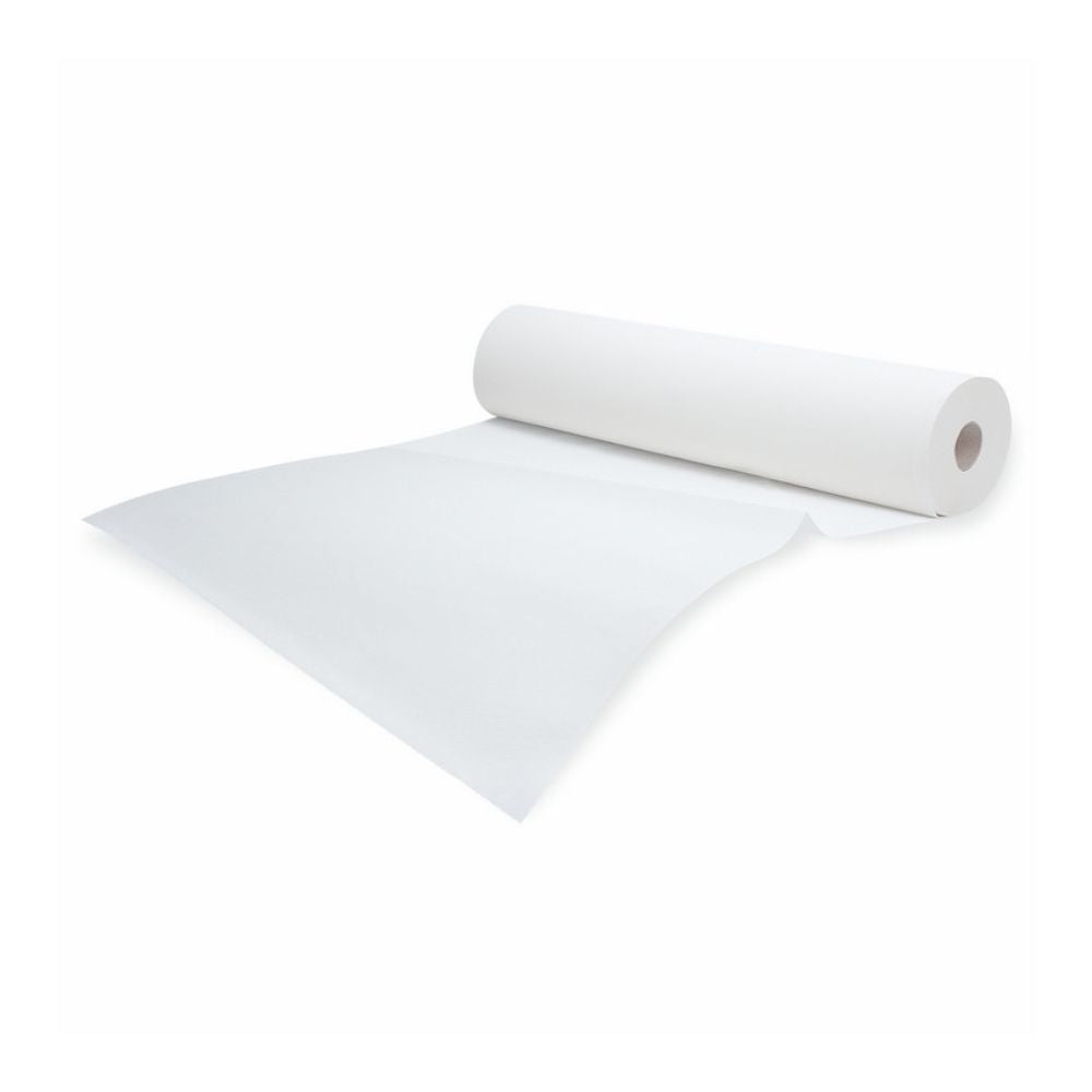 A roll of Meditrade Rollicel® couch cover with its flawlessly white surface and hollow core is partially unrolled on a white background, showcasing the smoothness of this 50 cm x 50 m large product from Meditrade GmbH.