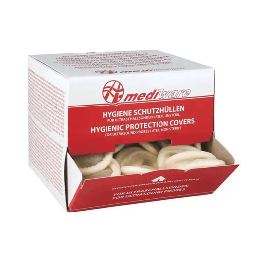 A box labeled “Servoprax GmbH” and bearing the inscription “Mediware Ultrasound Protective Covers without Lubricant – ø 32 mm | Pack (144 pieces)” contains protective covers for ultrasound transducers that were specifically designed for rectal and vaginal transducers with a diameter of 32 mm. Inside the opened box, you will find several non-sterile latex ultrasound probe covers with labels in German and English.