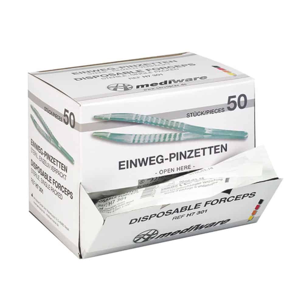 Eine Schachtel steriler Servoprax Mediware Einmal-Pinzetten - 50 Stück | Packung (50 Stück), beschriftet mit „Einweg-Pinzetten“ und einer Stückzahl von 50. Die Schachtel ist geöffnet und zeigt einzeln verpackte Pinzetten in anatomischer Form. Die Verpackung enthält Bilder der Pinzetten und Text in Deutsch und Englisch.