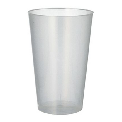 A clear, unbreakable Starpak reusable plastic cup PP 0.4 l, standing upright on a plain white background, is translucent and slightly tapered towards the bottom.