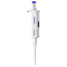 The Altruan micropipette 10-100 µl / 20-200 µl is a white, adjustable laboratory pipette with a blue plunger, digital volume display, disposable tip, and is delivered in a 200 g packaging for easy handling and storage.