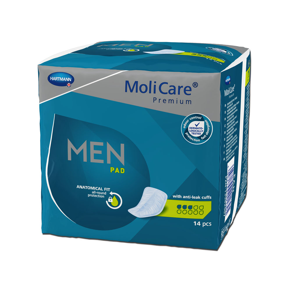 Eine Schachtel Hartmann MoliCare® Premium MEN PAD Einlage - 14 Stück, mit anatomischer Passform und auslaufsicheren Bündchen. Die Verpackung ist überwiegend blau und enthält Produktinformationen und Bilder.