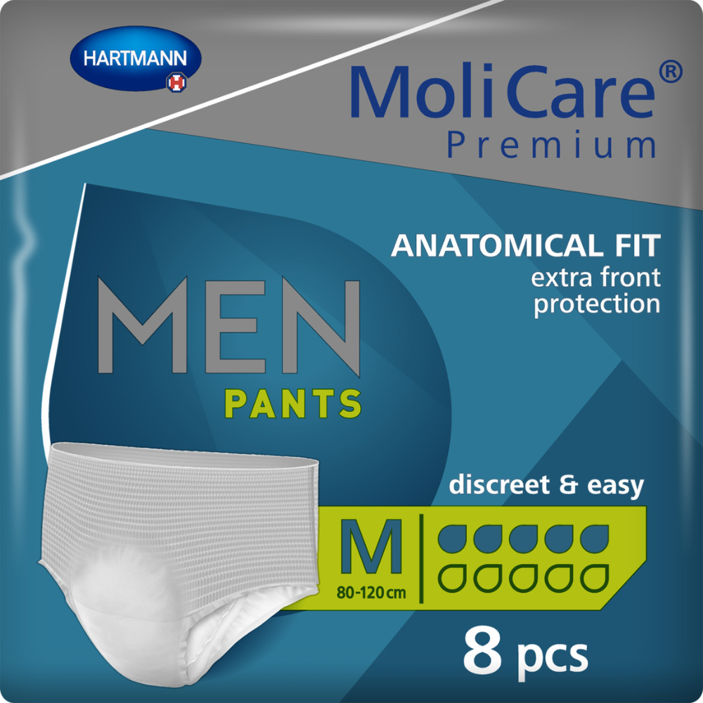 Verpackung der MoliCare Premium MEN PANTS 5 Tropfen, Größe Medium, der Paul Hartmann AG, zeigt eine Packung mit 8 weißen Einweg-Unterhosen mit blauen und gelben Designelementen. Highlights sind Merkmale wie anatomische Passform und zusätzlicher Frontschutz bei leichter Blasenschwäche.