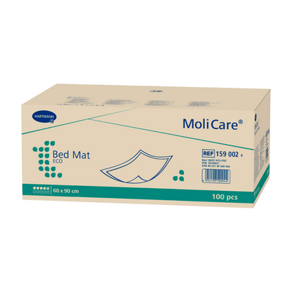 A box with MoliCare® Bed Mat ECO bed protection pads from Paul Hartmann AG, labeled with the product size 60 x 90 cm and the quantity of 100 pieces. The packaging is beige with blue-green accents and contains a reference number.